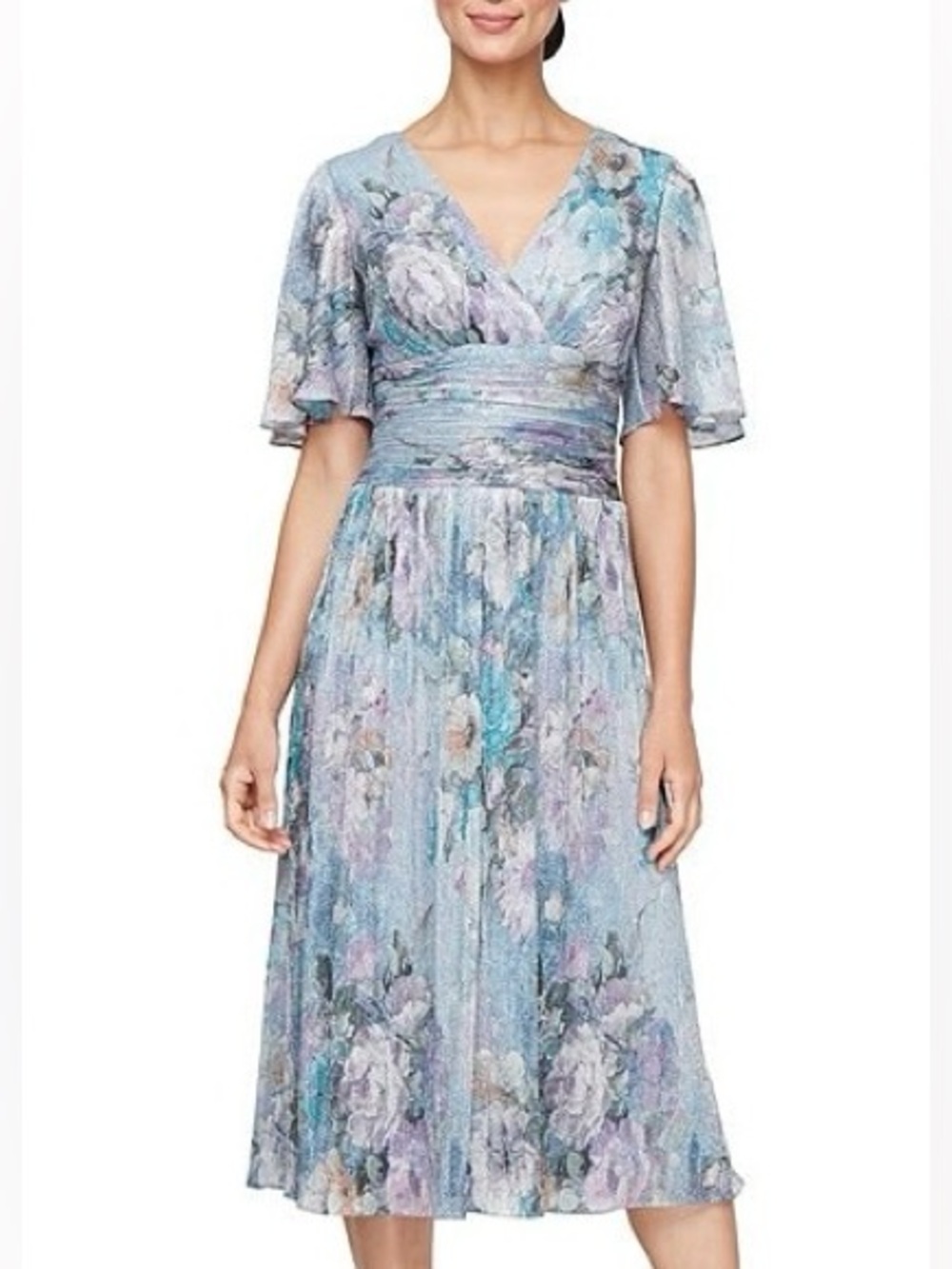 NWT New SLNY New York Metallic Floral V-Neck Midi Dress 6